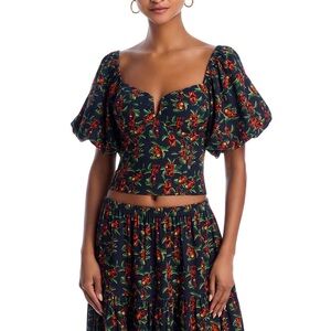 Aqua/White Lotus Monkey Print Puff-Sleeve Sweetheart Crop Top